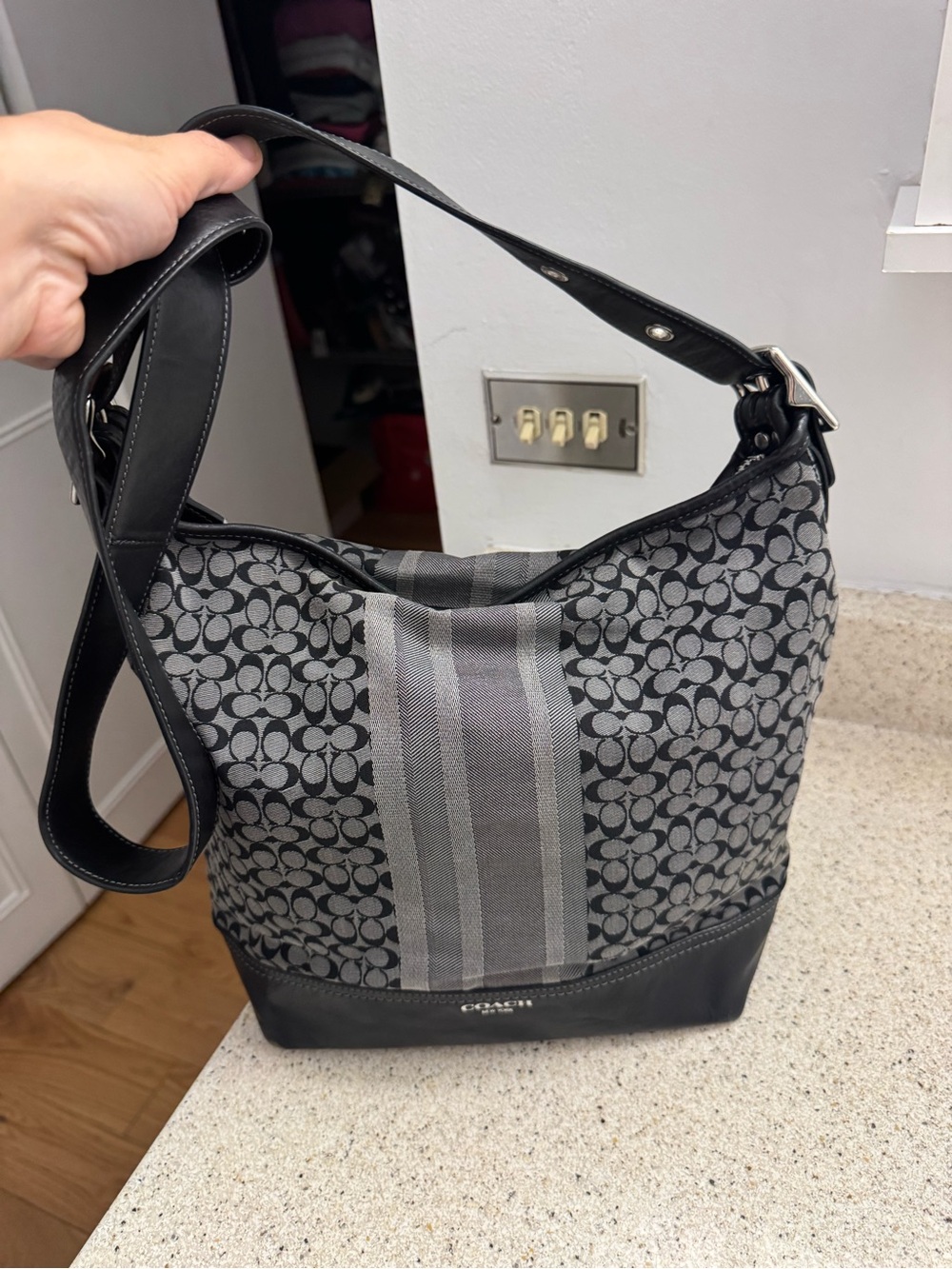 Coach Black and Gray Signature Canvas Hobo Bag